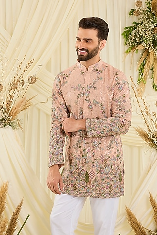 Peach Georgette Floral Embroidered Short Kurta by Kasbah Clothing