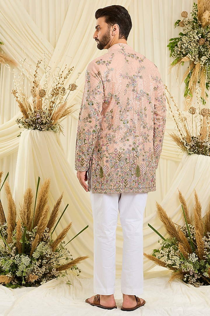 Peach Georgette Floral Embroidered Short Kurta by Kasbah Clothing at Pernia's Pop Up Shop