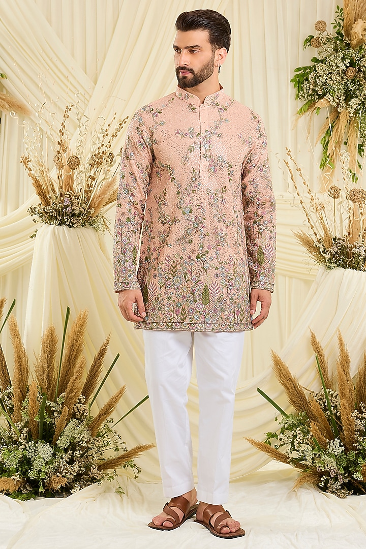 Peach Georgette Floral Embroidered Short Kurta by Kasbah Clothing at Pernia's Pop Up Shop