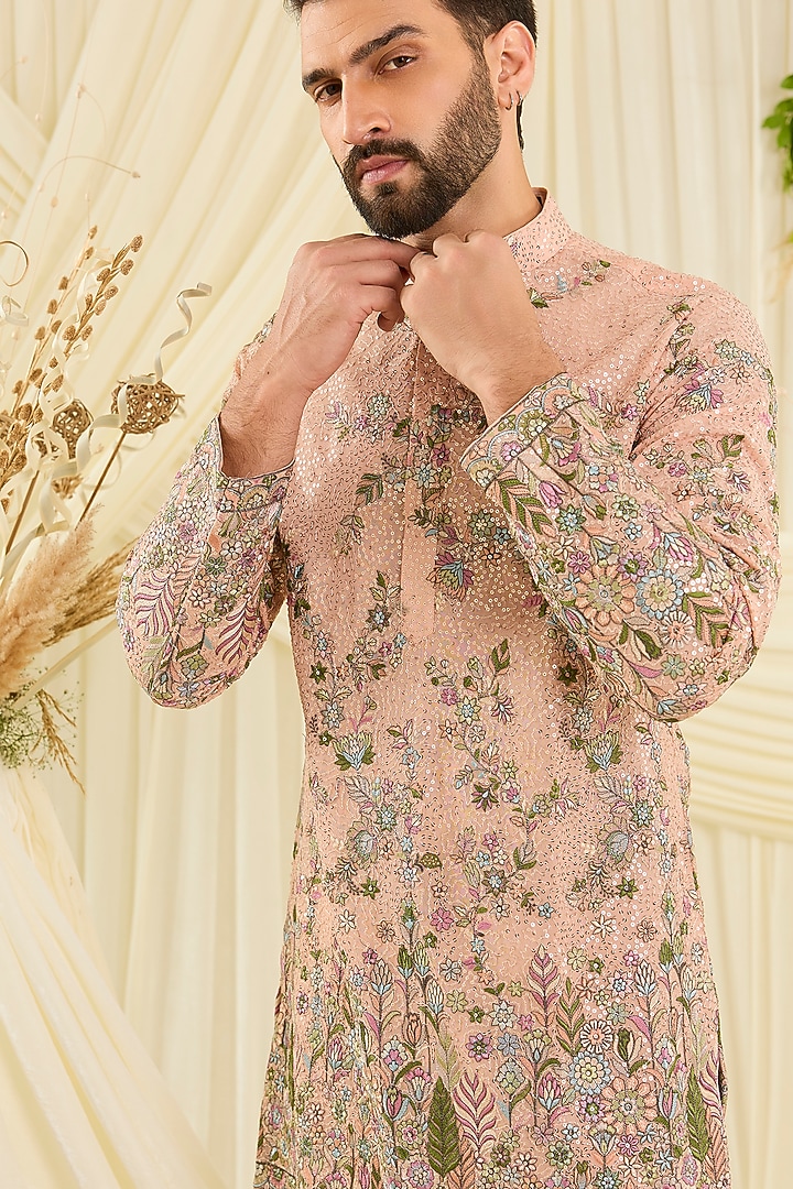 Peach Georgette Floral Embroidered Short Kurta by Kasbah Clothing at Pernia's Pop Up Shop