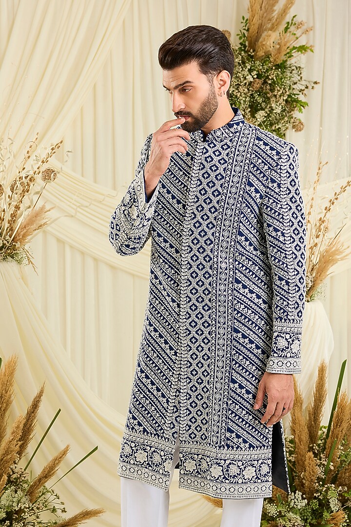 Royal Blue Georgette Hand Embellished Wedding Sherwani by Kasbah Clothing at Pernia's Pop Up Shop