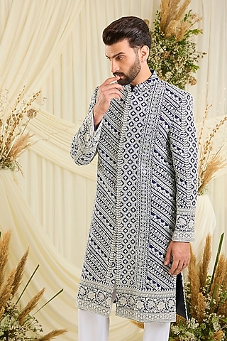 Royal Blue Georgette Hand Embellished Sherwani by Kasbah Clothing