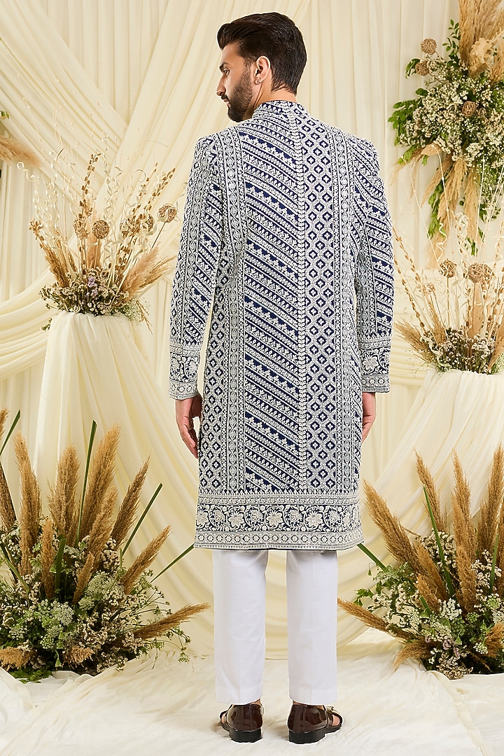 Royal Blue Georgette Hand Embellished Wedding Sherwani by Kasbah Clothing at Pernia's Pop Up Shop