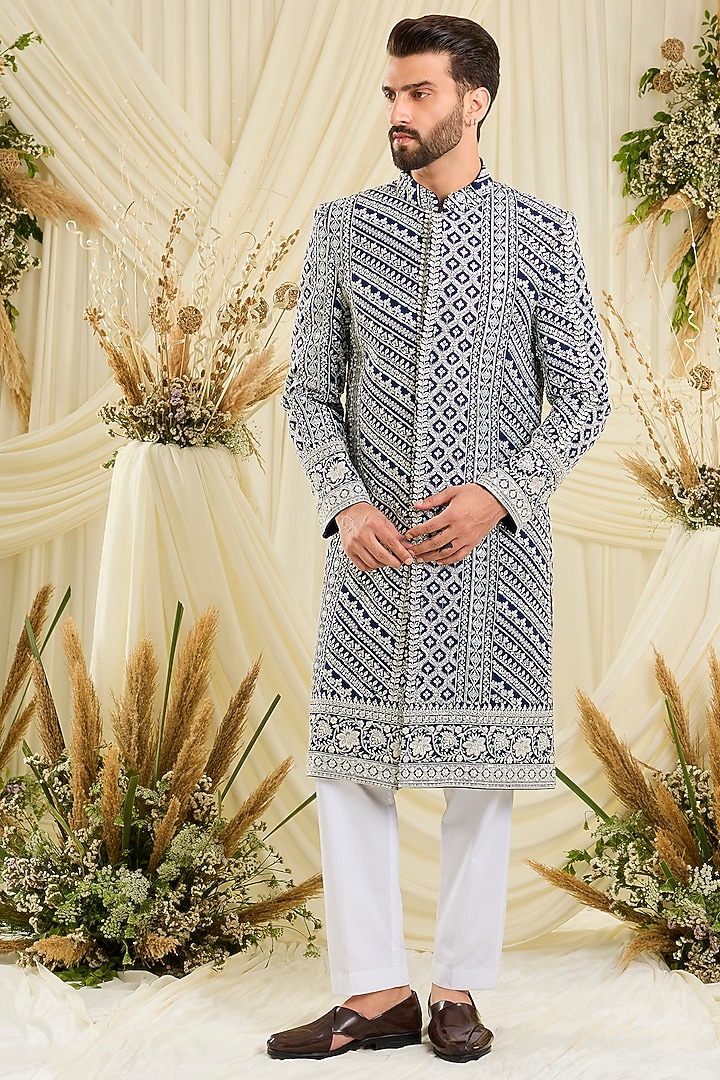Royal Blue Georgette Hand Embellished Wedding Sherwani by Kasbah Clothing at Pernia's Pop Up Shop