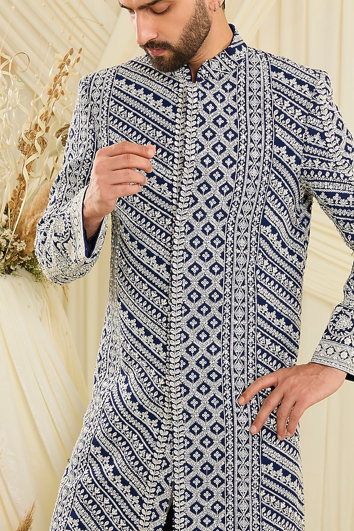 Royal Blue Georgette Hand Embellished Wedding Sherwani by Kasbah Clothing at Pernia's Pop Up Shop