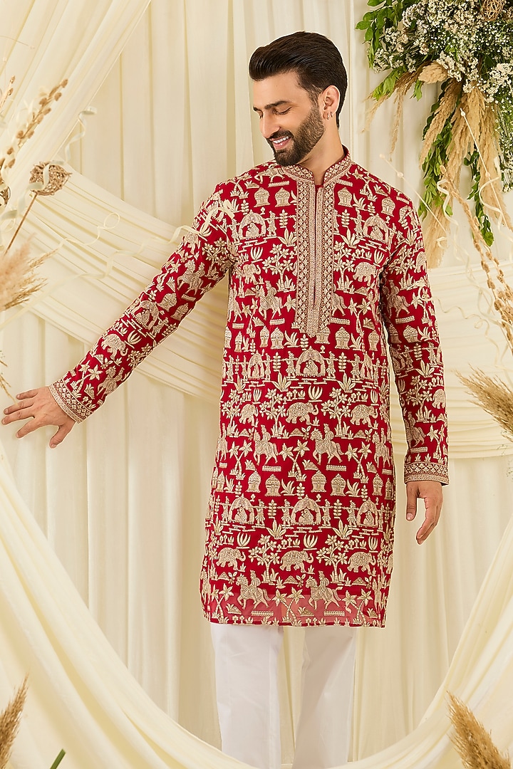 Red Georgette Zari Embroidered Kurta by Kasbah Clothing at Pernia's Pop Up Shop