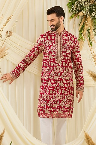 Red Georgette Zari Embroidered Kurta by Kasbah Clothing