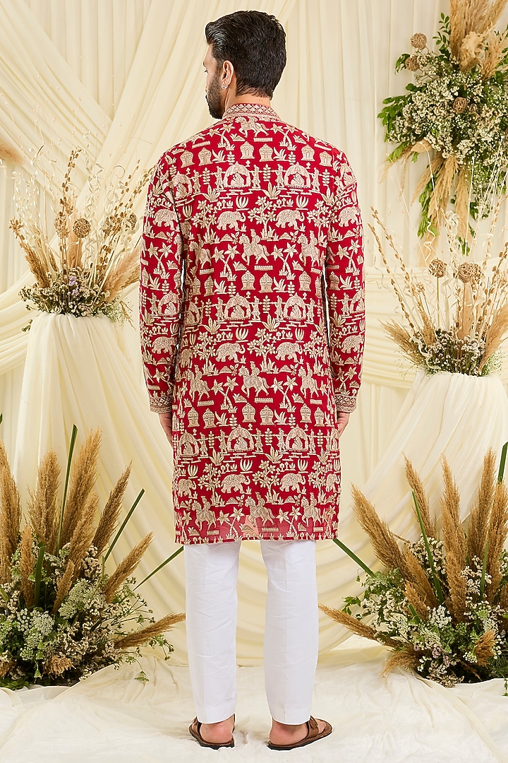 Red Georgette Zari Embroidered Kurta by Kasbah Clothing at Pernia's Pop Up Shop