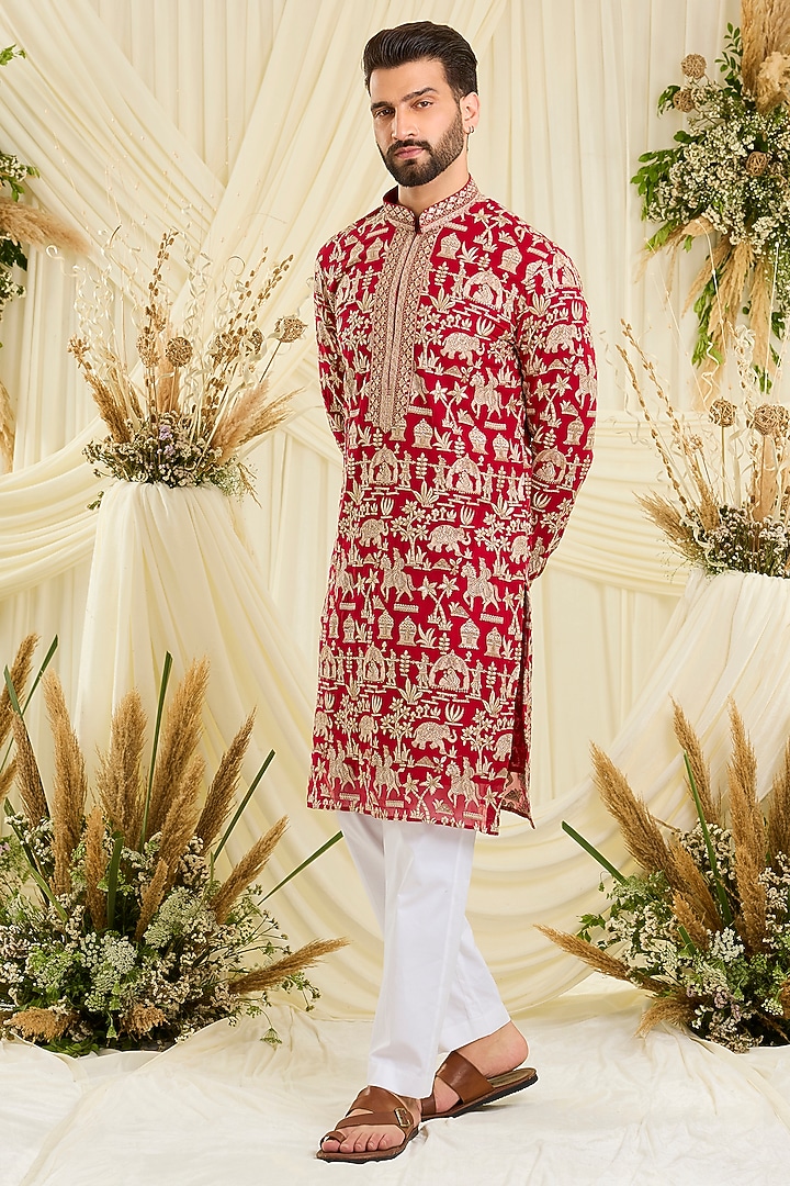 Red Georgette Zari Embroidered Kurta by Kasbah Clothing at Pernia's Pop Up Shop