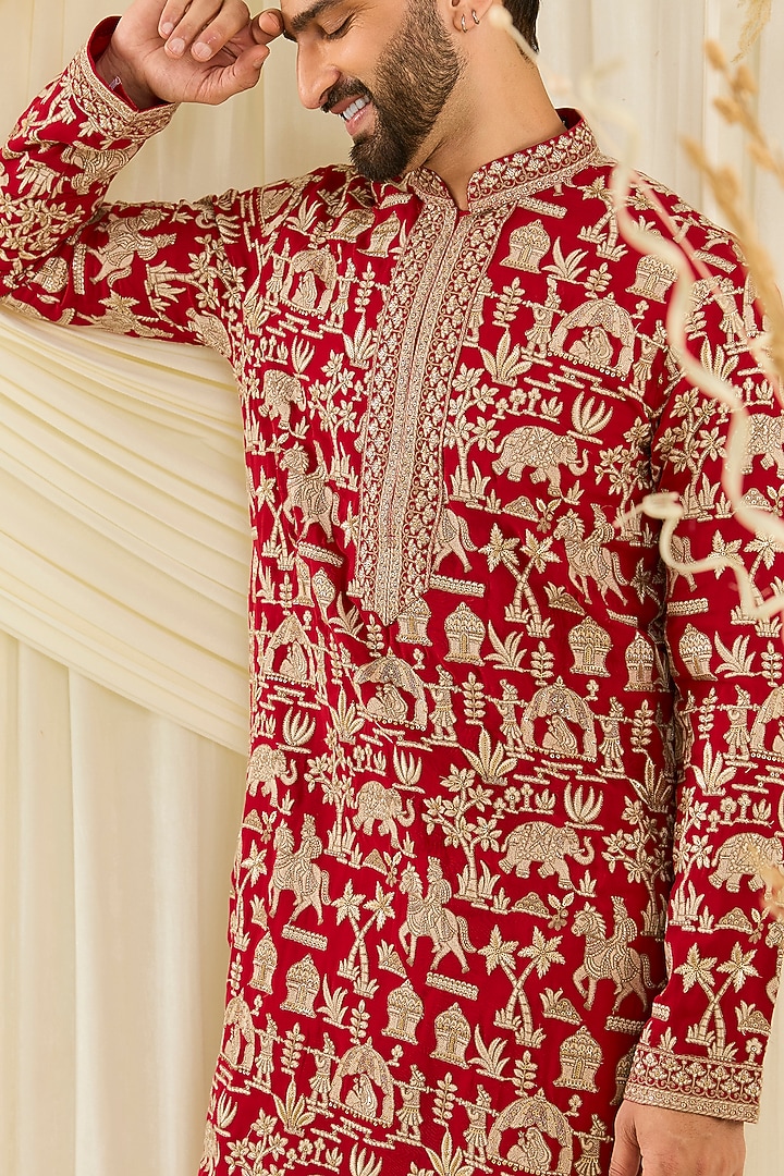Red Georgette Zari Embroidered Kurta by Kasbah Clothing at Pernia's Pop Up Shop