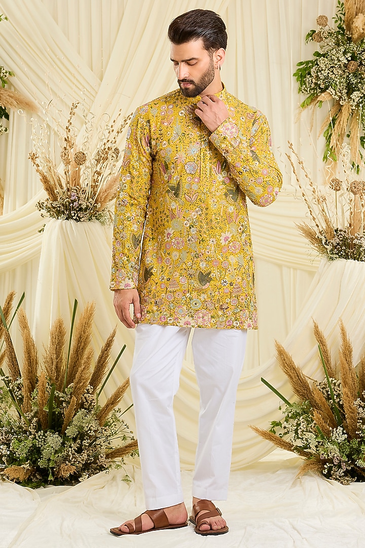 Yellow Georgette Embroidered Short Kurta by Kasbah Clothing at Pernia's Pop Up Shop
