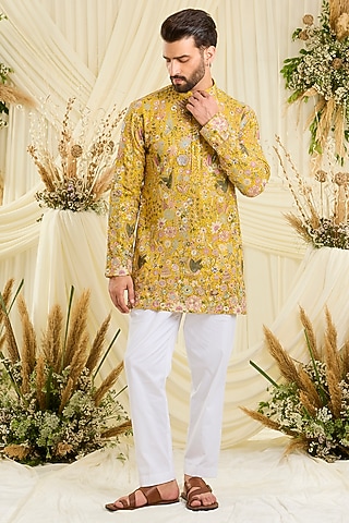 Yellow Georgette Embroidered Short Kurta by Kasbah Clothing