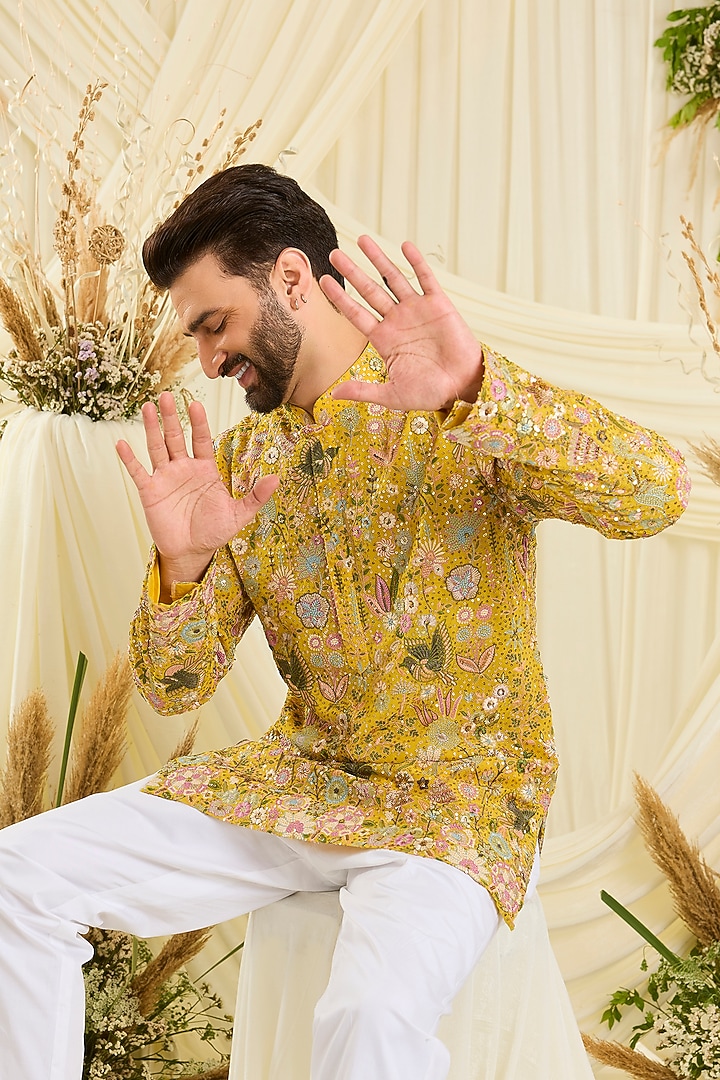 Yellow Georgette Embroidered Short Kurta by Kasbah Clothing at Pernia's Pop Up Shop