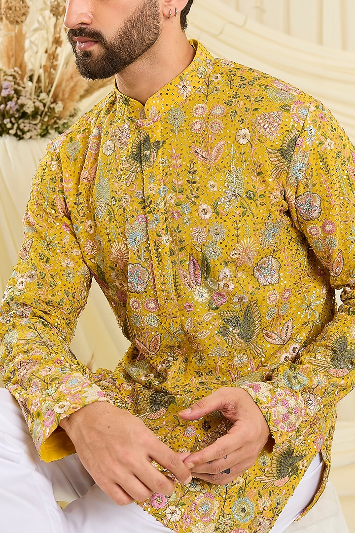 Yellow Georgette Embroidered Short Kurta by Kasbah Clothing at Pernia's Pop Up Shop