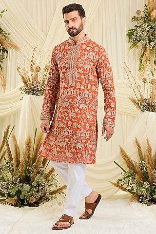 Orange Georgette Zari Embroidered Kurta by Kasbah Clothing