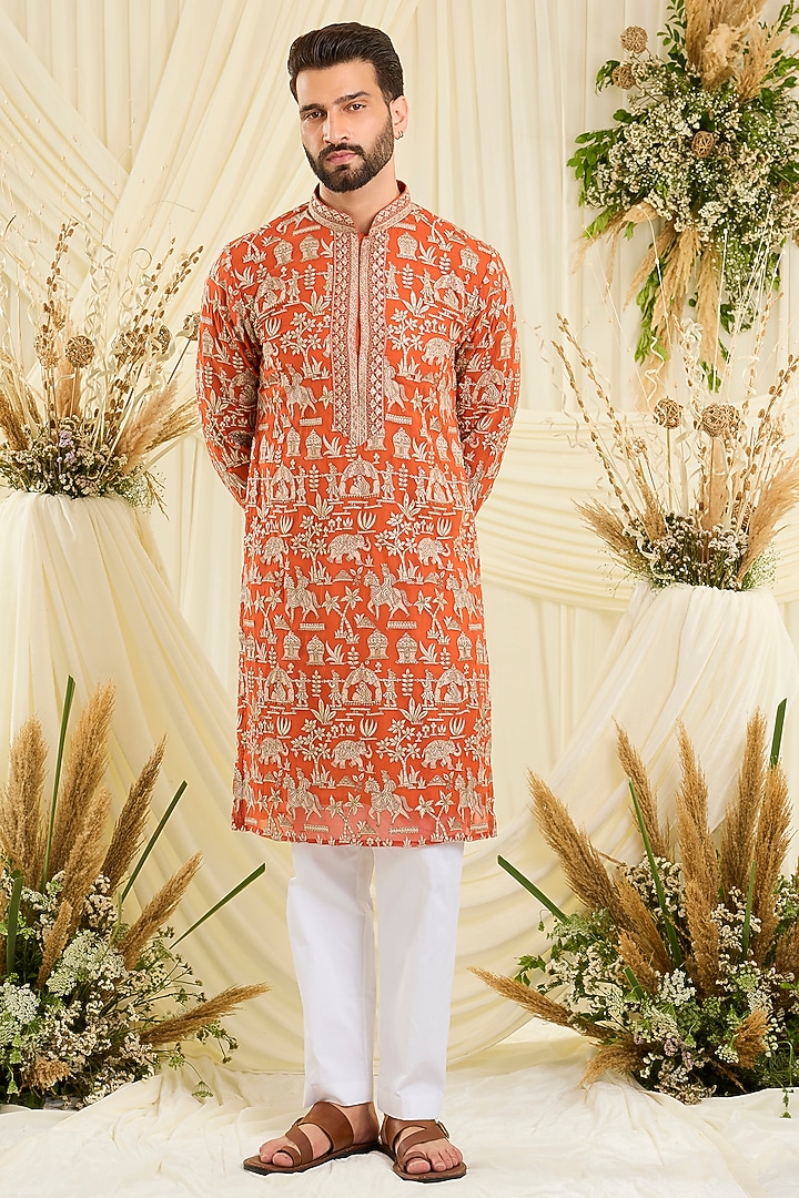 Orange Georgette Zari Embroidered Kurta by Kasbah Clothing at Pernia's Pop Up Shop
