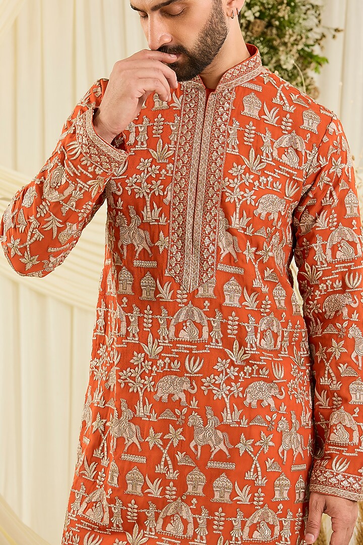 Orange Georgette Zari Embroidered Kurta by Kasbah Clothing at Pernia's Pop Up Shop