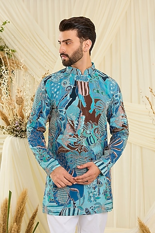 Blue Crepe Silk Abstract Printed Kurta by Kasbah Clothing