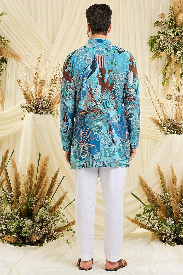 Blue Crepe Silk Abstract Printed Kurta by Kasbah Clothing at Pernia's Pop Up Shop