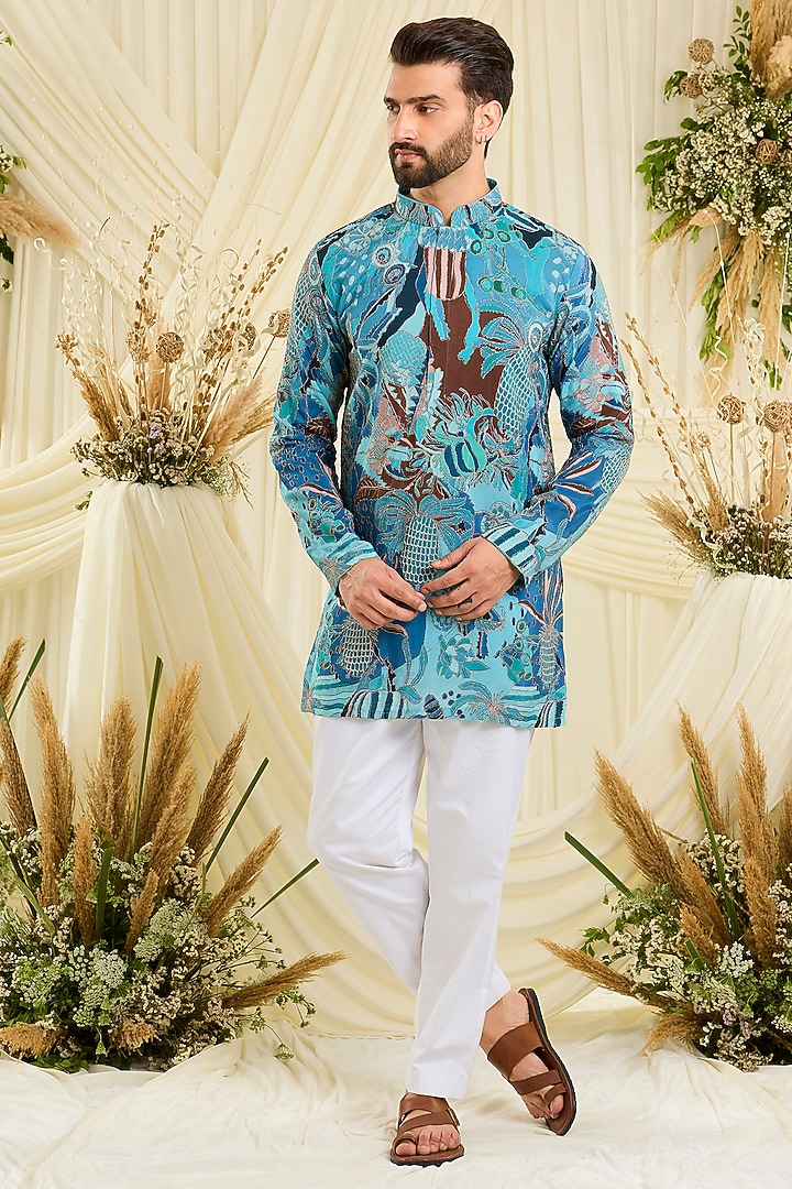 Blue Crepe Silk Abstract Printed Kurta by Kasbah Clothing at Pernia's Pop Up Shop