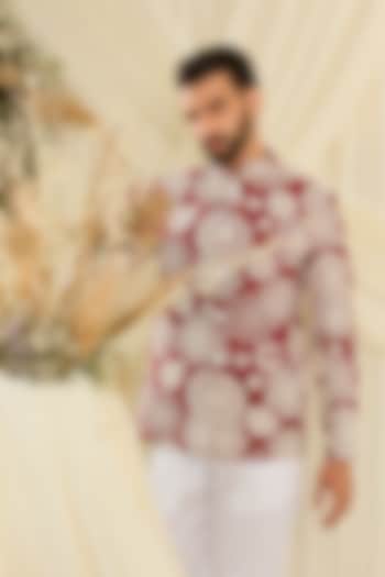 Red Silk Floral Embroidered Wedding Bandhgala by Kasbah Clothing at Pernia's Pop Up Shop
