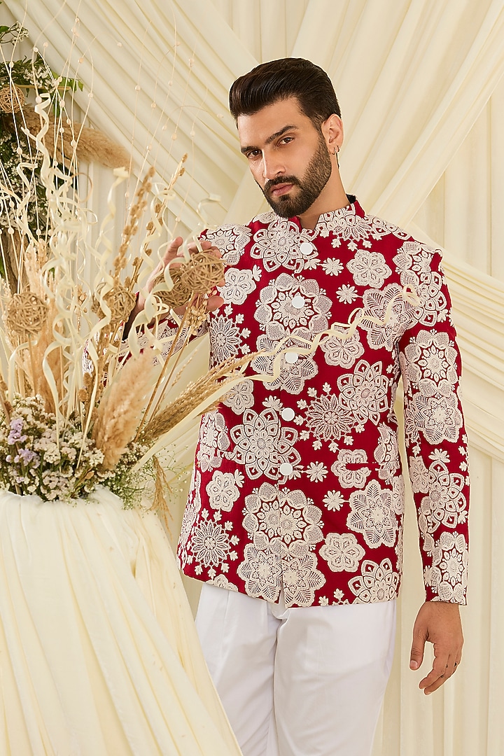 Red Silk Floral Embroidered Wedding Bandhgala by Kasbah Clothing at Pernia's Pop Up Shop