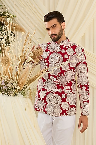 Red Silk Floral Embroidered Bandhgala by Kasbah Clothing