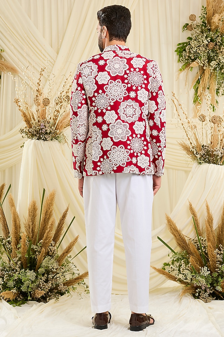 Red Silk Floral Embroidered Wedding Bandhgala by Kasbah Clothing at Pernia's Pop Up Shop