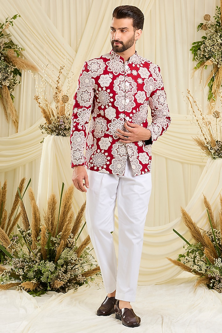Red Silk Floral Embroidered Wedding Bandhgala by Kasbah Clothing at Pernia's Pop Up Shop