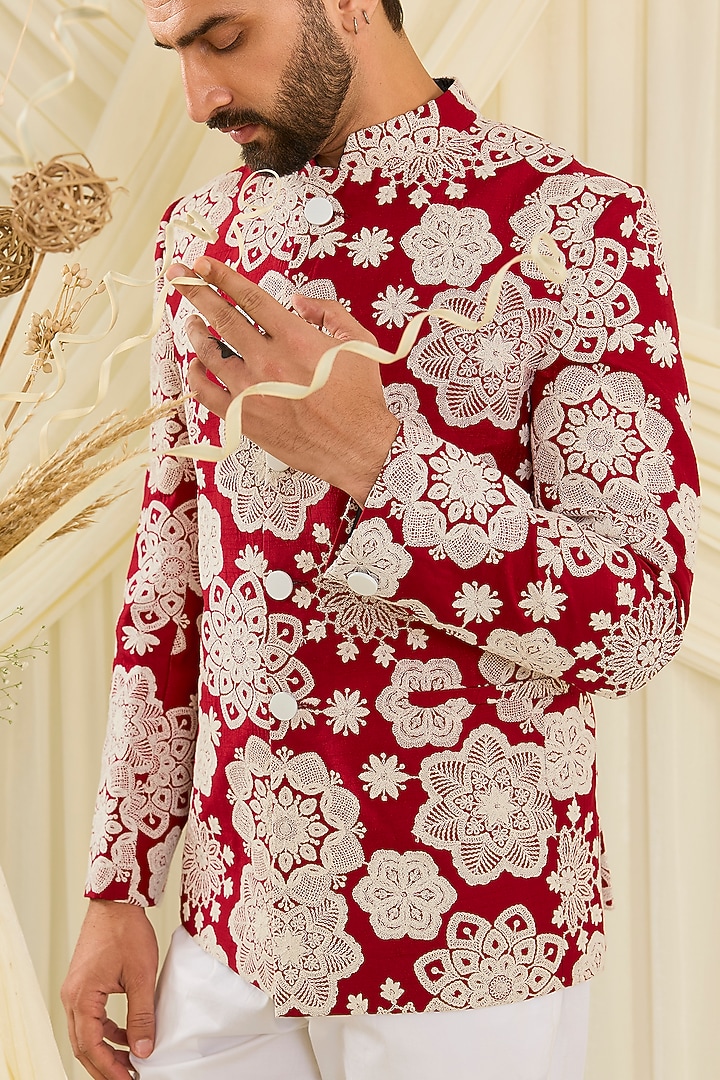 Red Silk Floral Embroidered Wedding Bandhgala by Kasbah Clothing at Pernia's Pop Up Shop
