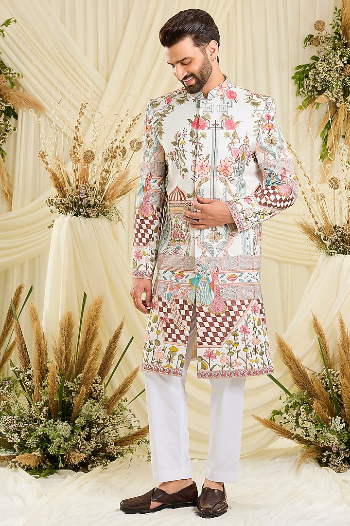 Ivory Silk Wedding Sherwani by Kasbah Clothing at Pernia's Pop Up Shop