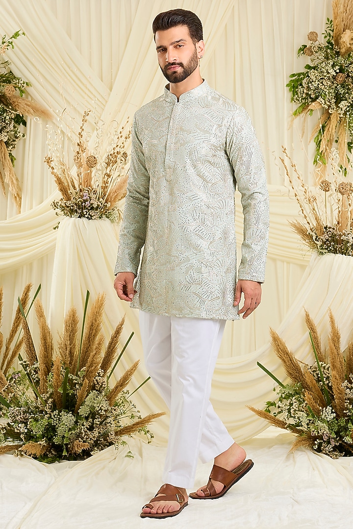 Pastel Aqua Blue Silk Sequin Embellished Short Kurta by Kasbah Clothing at Pernia's Pop Up Shop