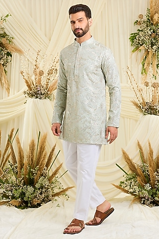 Pastel Aqua Blue Silk Sequin Embellished Short Kurta by Kasbah Clothing