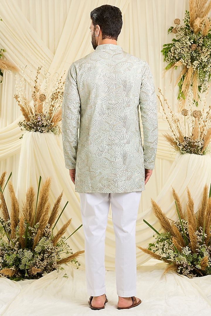 Pastel Aqua Blue Silk Sequin Embellished Short Kurta by Kasbah Clothing at Pernia's Pop Up Shop