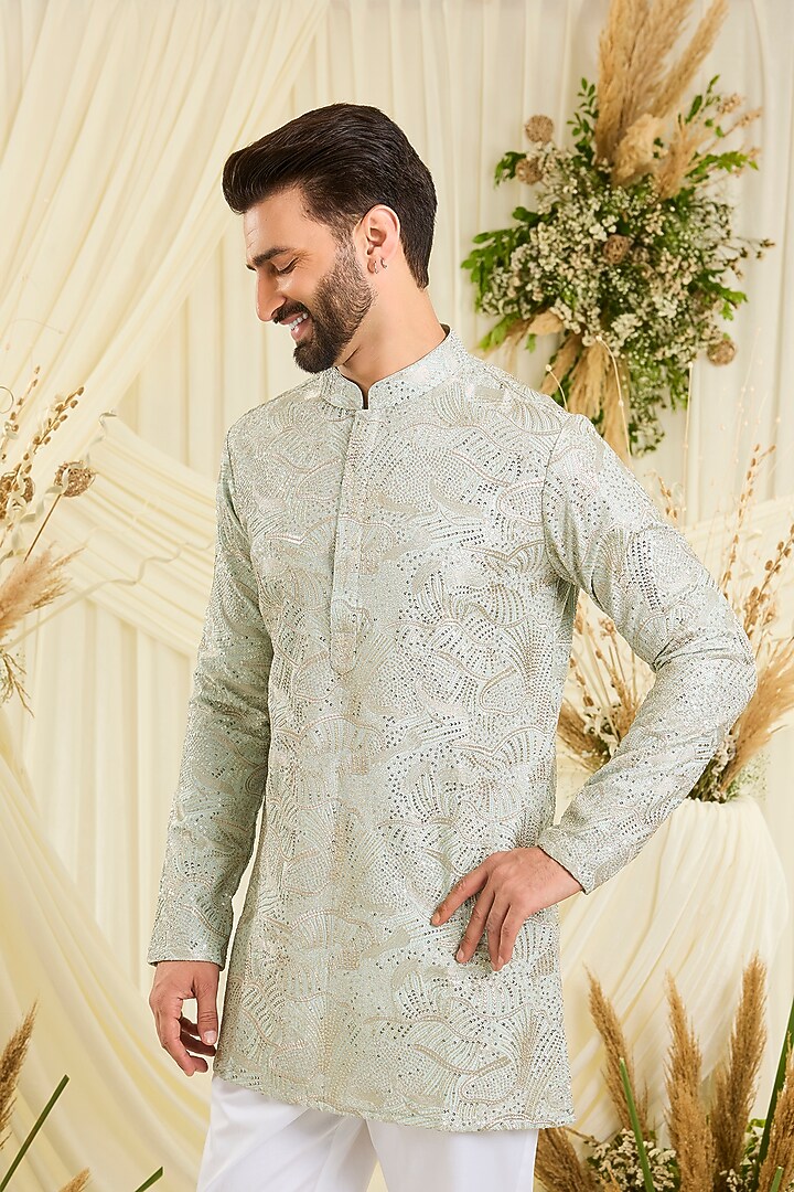 Pastel Aqua Blue Silk Sequin Embellished Short Kurta by Kasbah Clothing at Pernia's Pop Up Shop