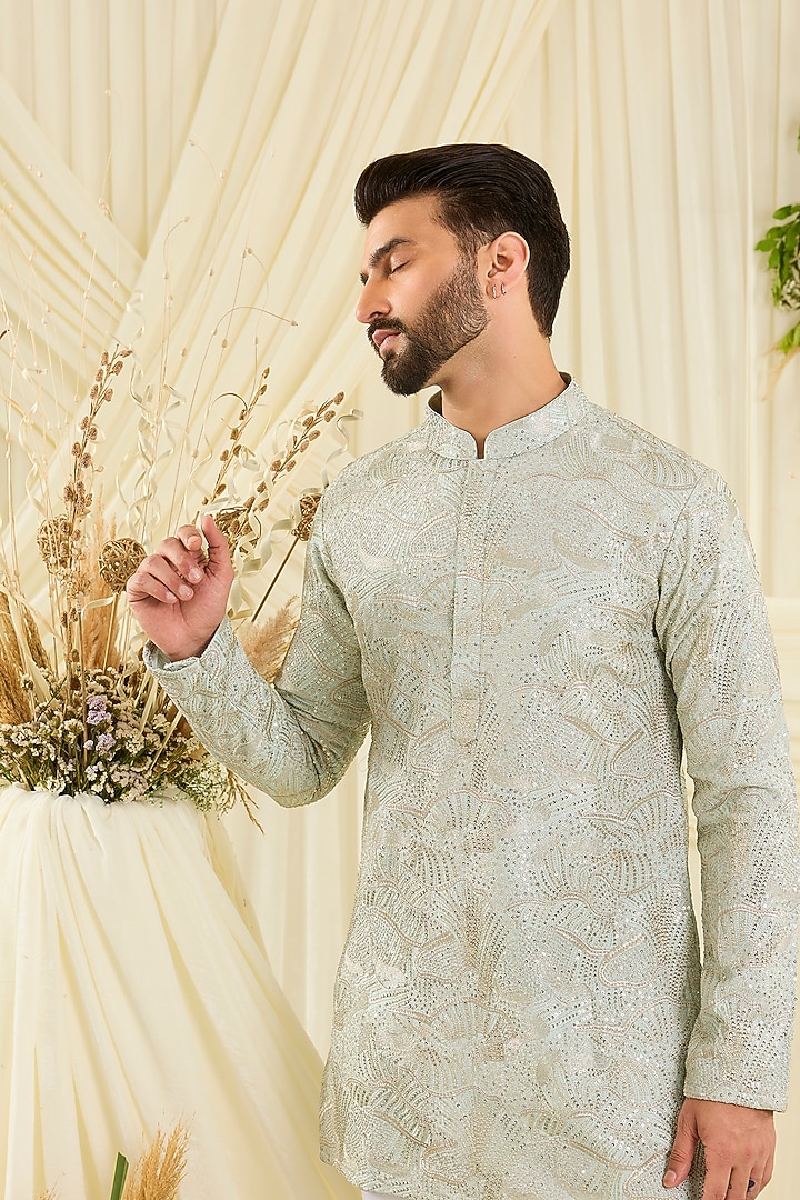 Pastel Aqua Blue Silk Sequin Embellished Short Kurta by Kasbah Clothing at Pernia's Pop Up Shop