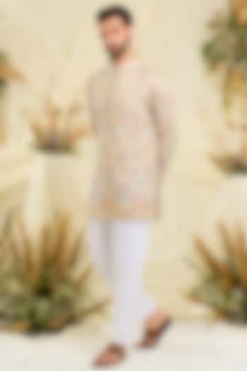 Cream-Gold Silk Floral Embroidered Short Kurta by Kasbah Clothing at Pernia's Pop Up Shop