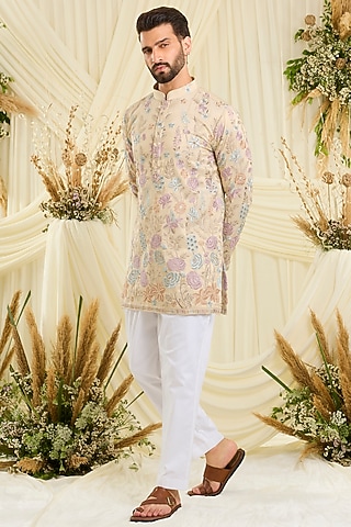 Cream-Gold Silk Floral Embroidered Short Kurta by Kasbah Clothing