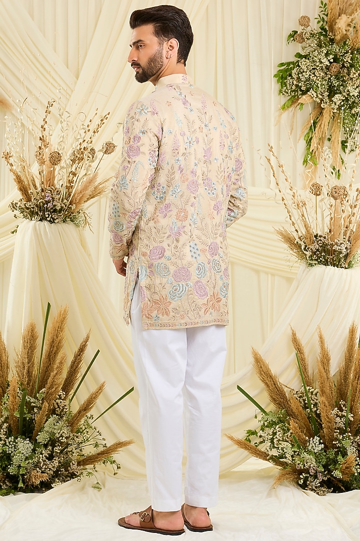 Cream-Gold Silk Floral Embroidered Short Kurta by Kasbah Clothing at Pernia's Pop Up Shop