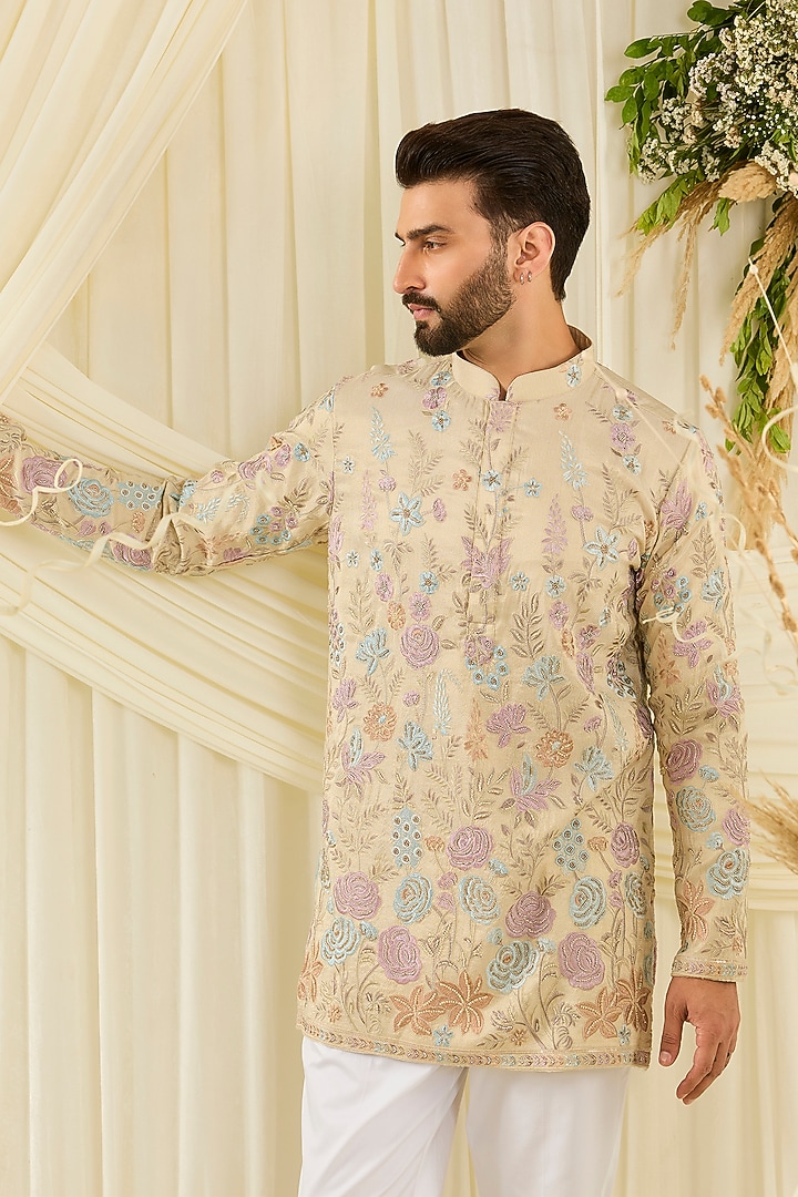 Cream-Gold Silk Floral Embroidered Short Kurta by Kasbah Clothing at Pernia's Pop Up Shop