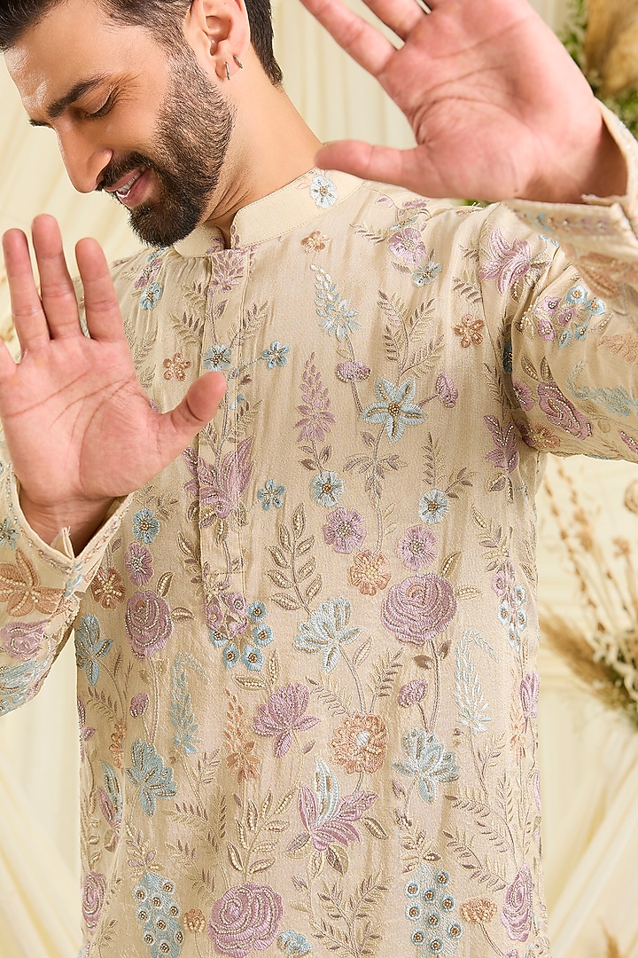 Cream-Gold Silk Floral Embroidered Short Kurta by Kasbah Clothing at Pernia's Pop Up Shop