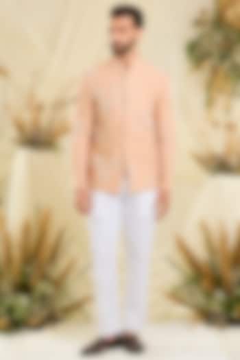 Peach Silk Cutdana Embellished Wedding Bandhgala by Kasbah Clothing at Pernia's Pop Up Shop