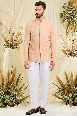 Peach Silk Cutdana Embellished Bandhgala by Kasbah Clothing