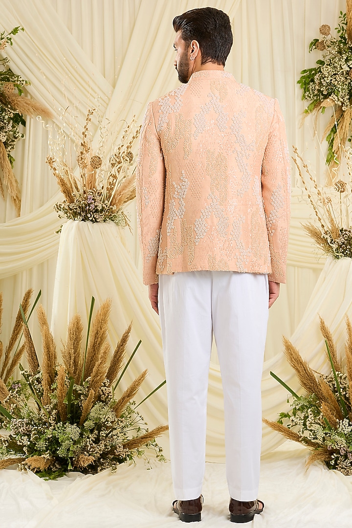 Peach Silk Cutdana Embellished Wedding Bandhgala by Kasbah Clothing at Pernia's Pop Up Shop