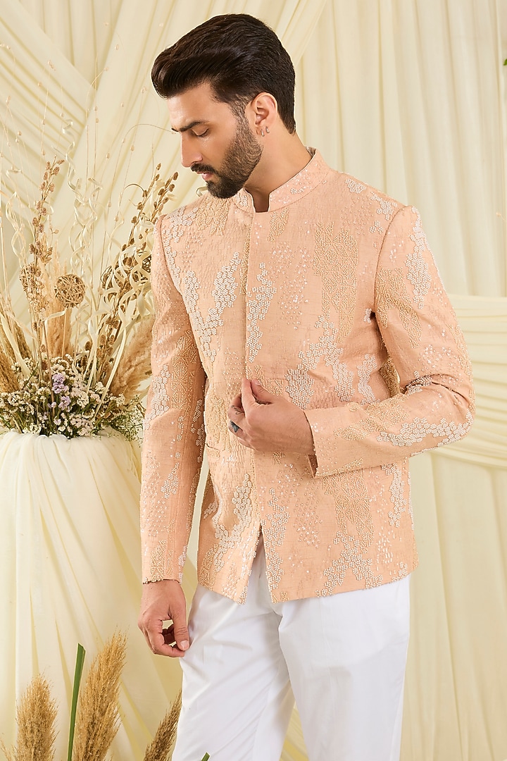 Peach Silk Cutdana Embellished Wedding Bandhgala by Kasbah Clothing at Pernia's Pop Up Shop