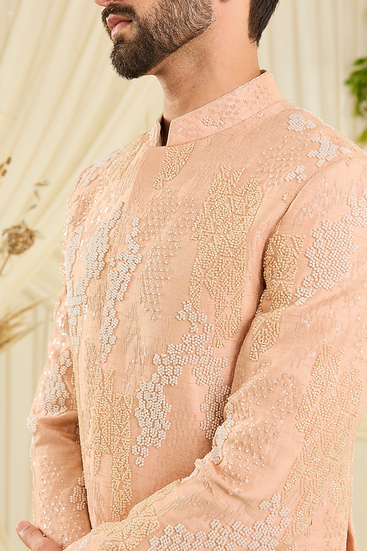 Peach Silk Cutdana Embellished Wedding Bandhgala by Kasbah Clothing at Pernia's Pop Up Shop