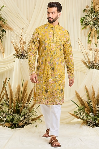 Yellow Georgette Embroidered Kurta by Kasbah Clothing