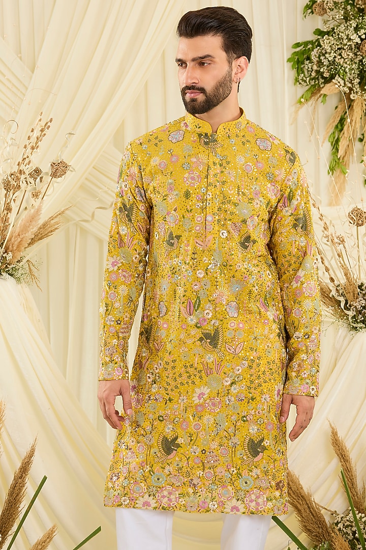Yellow Georgette Embroidered Kurta by Kasbah Clothing at Pernia's Pop Up Shop