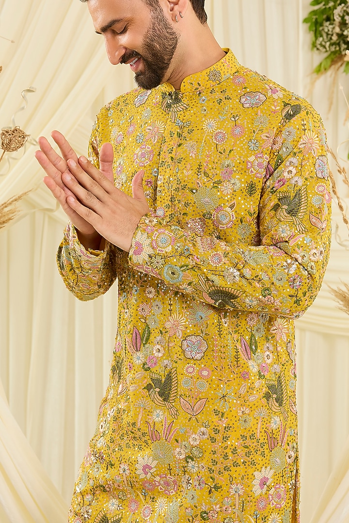 Yellow Georgette Embroidered Kurta by Kasbah Clothing at Pernia's Pop Up Shop