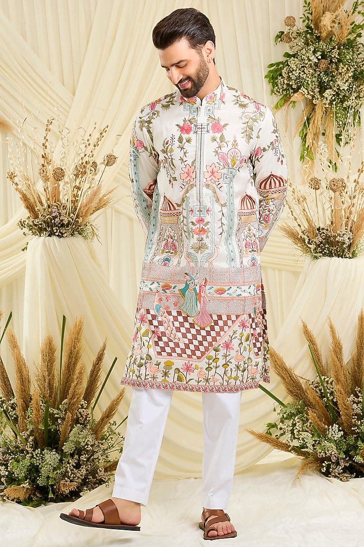Ivory Silk Floral Kurta by Kasbah Clothing at Pernia's Pop Up Shop